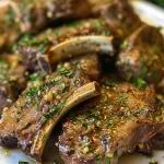 Close-up view of juicy garlic lamb chops garnished with rosemary.