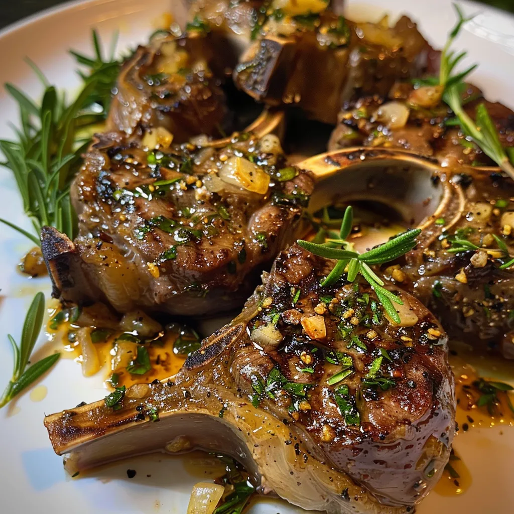 Golden-brown lamb chops with garlic seasoning and fresh herbs.