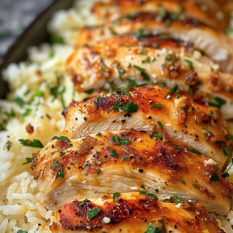 Detailed shot of Garlic Parmesan Chicken and Rice, showing tender chicken cubes and grains of rice.