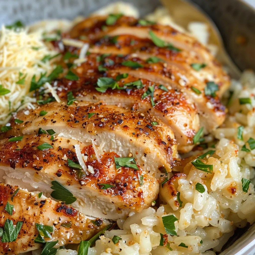 Appetizing Garlic Parmesan Chicken and Rice displayed in a vibrant bowl with fresh herbs.