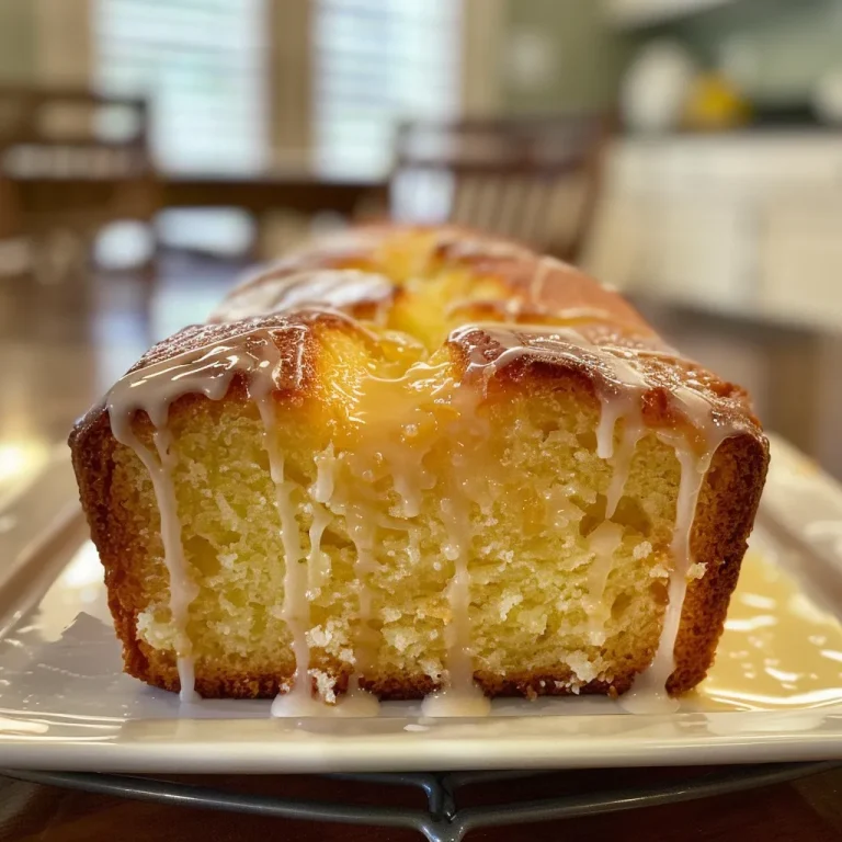A Slice of Sunshine Discovering Joy in Glazed Lemon Pound Cake Close-up view of a glazed lemon pound cake loaf with a shiny lemon glaze.