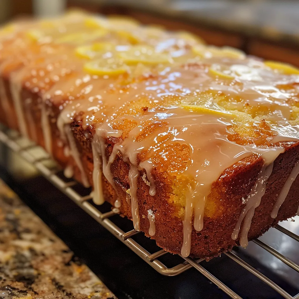 Side angle of a moist lemon pound cake loaf topped with a white glaze.