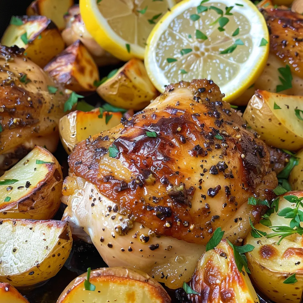 Succulent chicken thighs with herbs and roasted russet potatoes, side view.