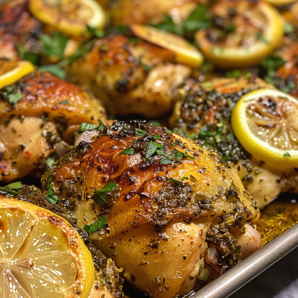 Side view of golden-brown baked chicken garnished with fresh parsley.