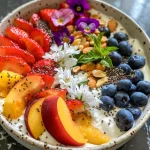 A close-up side view of a vibrant Greek yogurt fruit bowl filled with strawberries, blueberries, and peach slices.