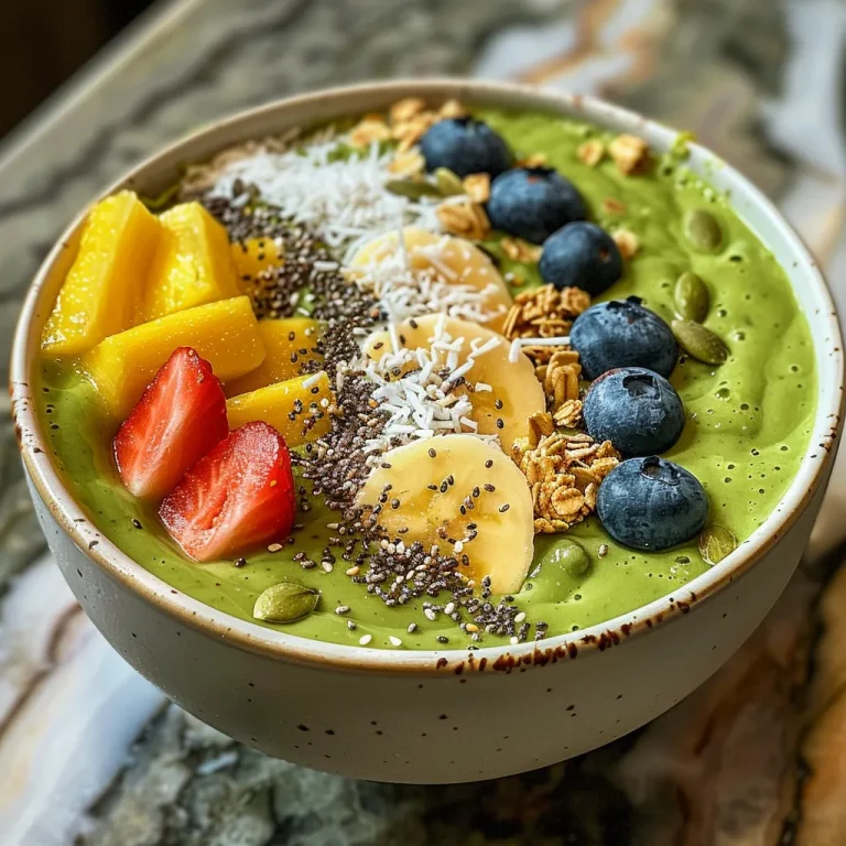 Close-up view of a vibrant green smoothie bowl topped with fresh strawberries and granola.