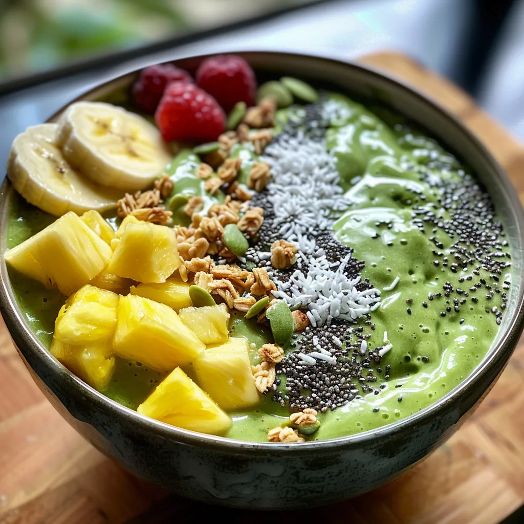 Side view of a healthy green smoothie bowl featuring avocado, banana, and chia seeds.