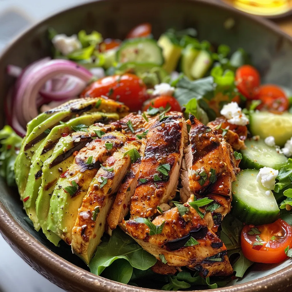 A side view of a delicious salad bowl featuring grilled chicken, avocado, cherry tomatoes, and mixed greens.