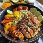 A detailed shot of a grilled chicken quinoa bowl garnished with fresh ingredients and creamy dressing.