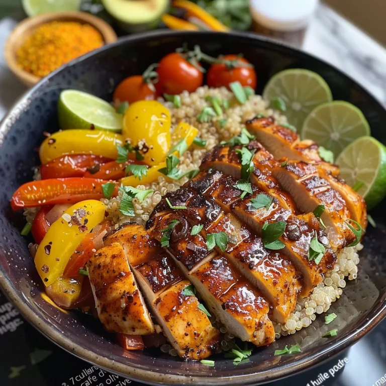 A detailed shot of a grilled chicken quinoa bowl garnished with fresh ingredients and creamy dressing.