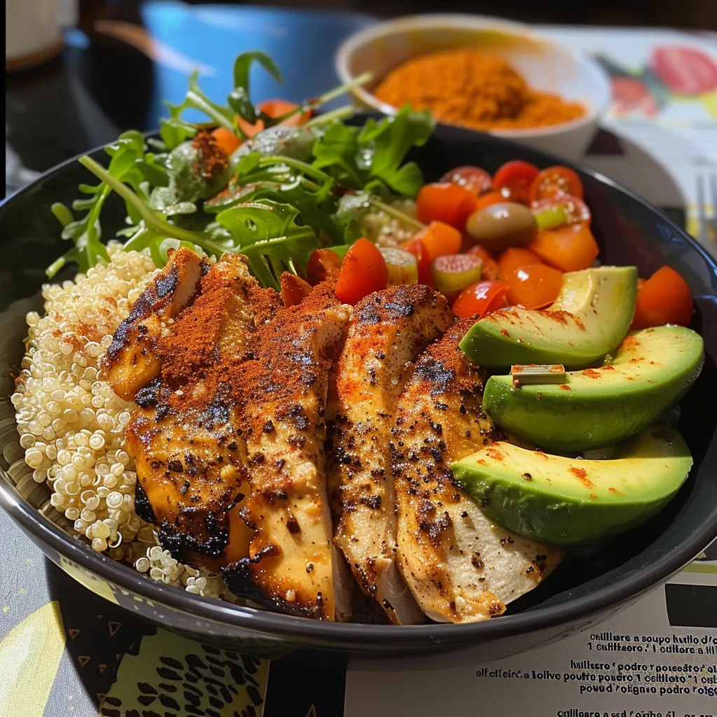 A quinoa bowl showcasing juicy grilled chicken, diced tomatoes, corn, and avocado from a side angle.