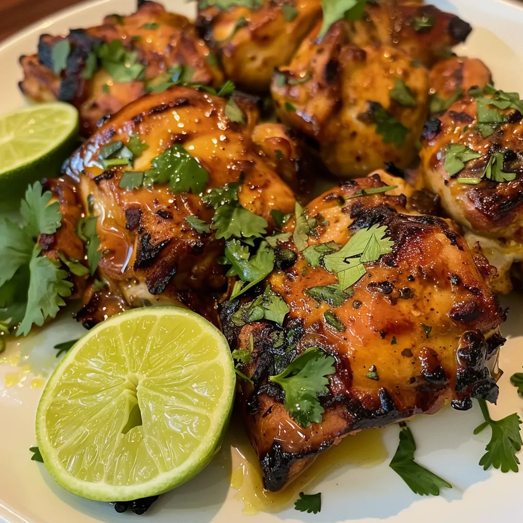 Deliciously charred honey lime chicken thighs with fresh lime and herbs.