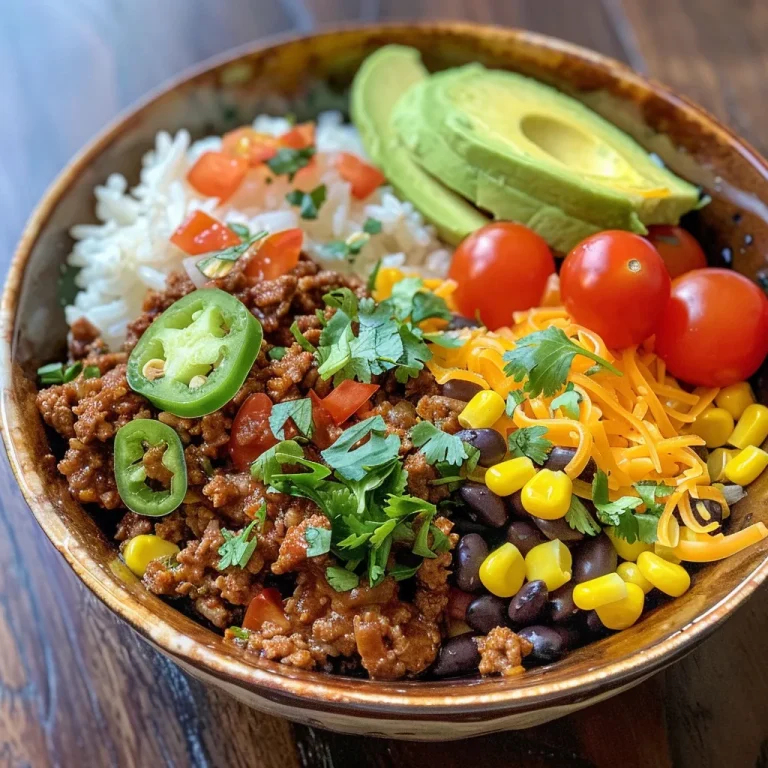 A Culinary Journey Discovering the Ground Beef Taco Rice Bowl that Unites Cultures A close-up side view of a Ground Beef Taco Rice Bowl with vibrant toppings.