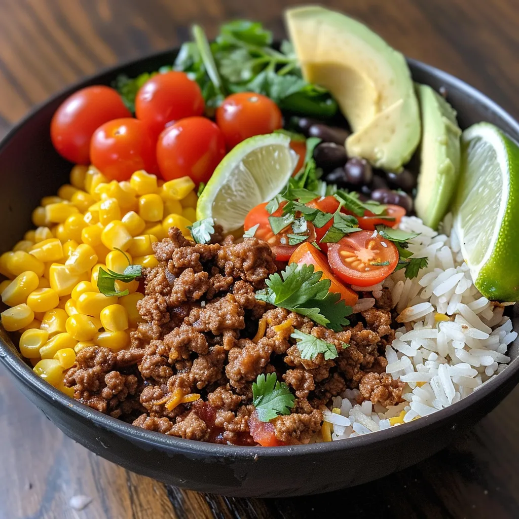 An appetizing Ground Beef Taco Rice Bowl showcasing cooked rice, seasoned beef, and fresh ingredients.