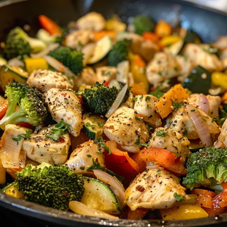 A side view of a skillet filled with chicken, broccoli, onions, and bell peppers, ready to be served.