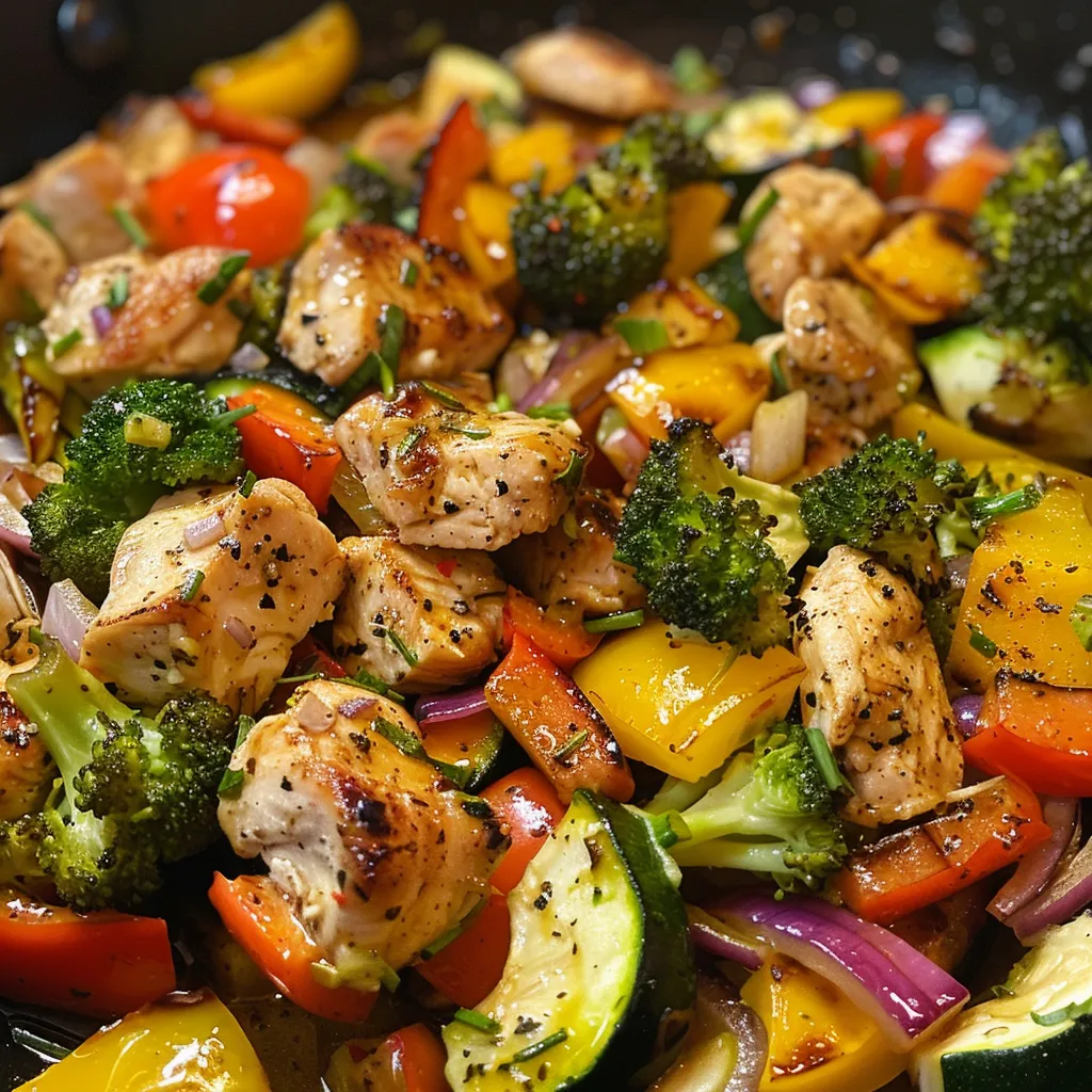 Fresh, sautéed chicken and a variety of colorful vegetables in an olive oil glaze.