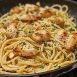 Juicy chicken pasta dish featuring spaghetti, garlic, and herbs in a creamy sauce.