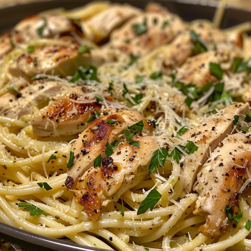 A delicious serving of Healthy Garlic Butter Chicken Pasta garnished with fresh parsley.