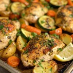 Freshly cooked lemon herb chicken with vibrant vegetables arranged neatly on a baking sheet.