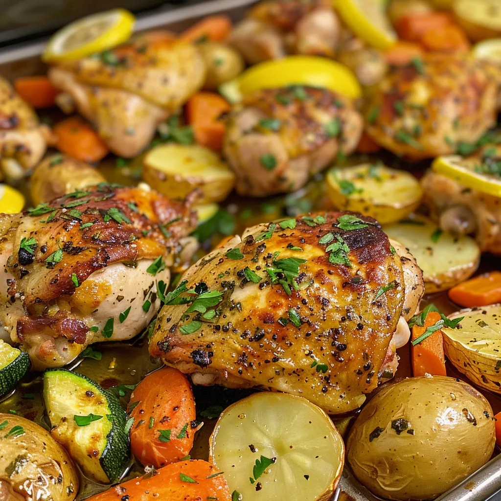 Juicy chicken thighs surrounded by roasted baby potatoes, carrots, and zucchini on a sheet pan.