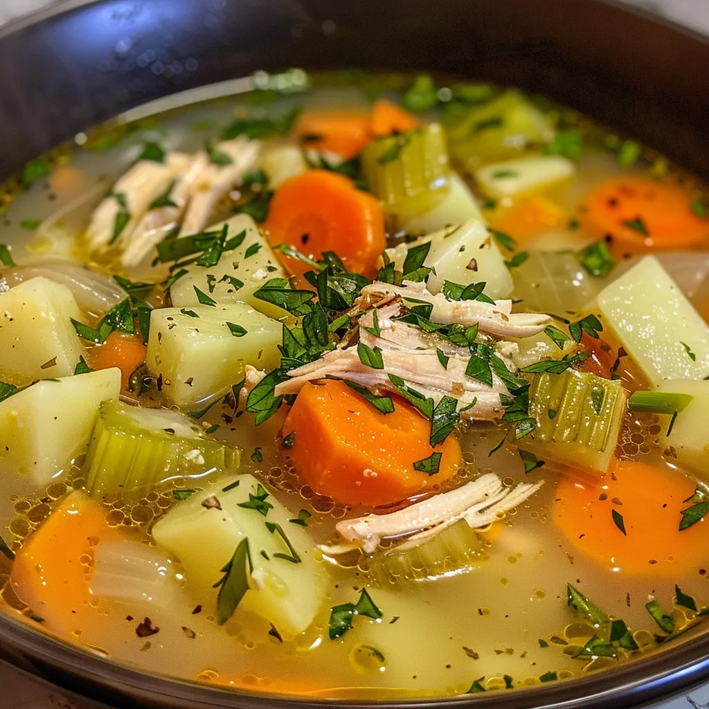 A delicious bowl of chicken and vegetable soup captured from the side, revealing rich textures.