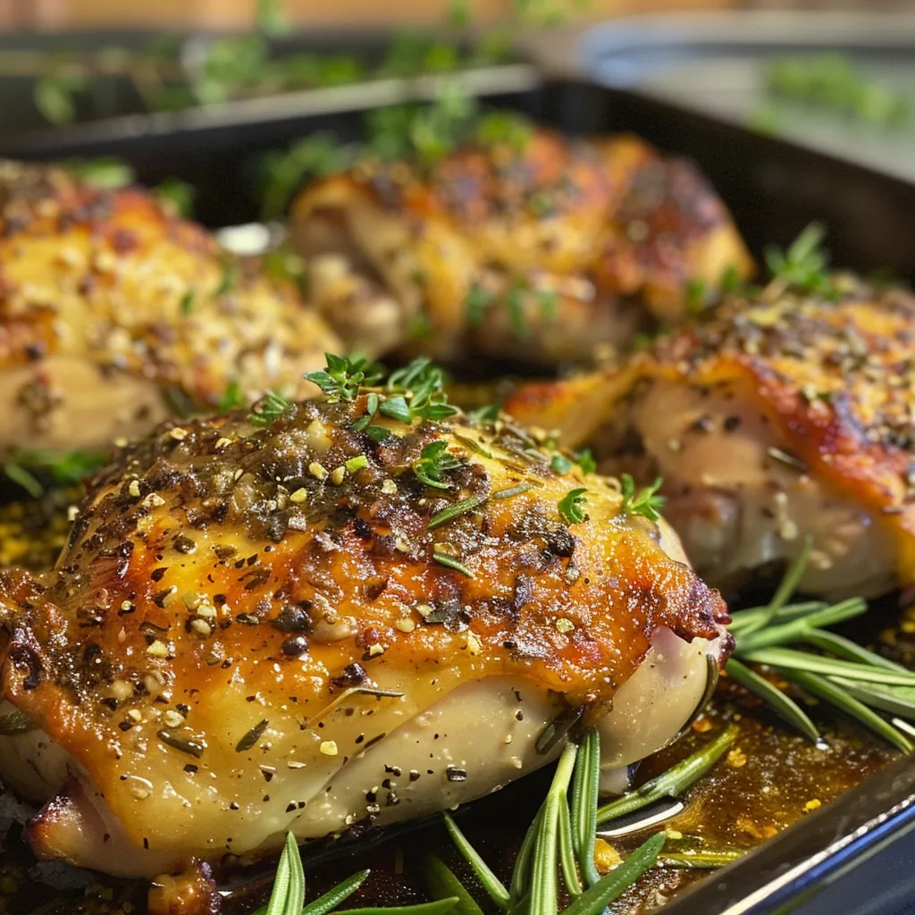 Close-up of tender chicken breast topped with garlic sauce and herbs.