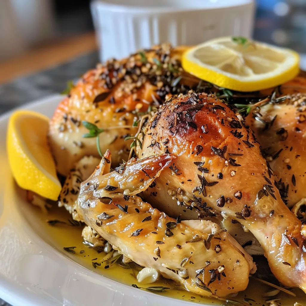 Deliciously cooked chicken breast displayed with aromatic herbs and lemon.