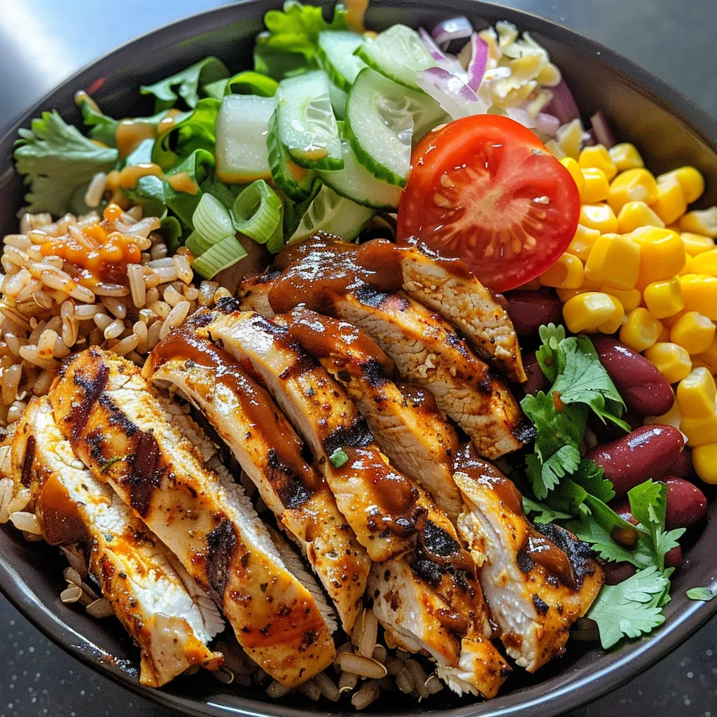 Vibrant chicken bowl showcasing juicy chicken breast, fresh vegetables, and creamy ranch dressing in a clear dish.