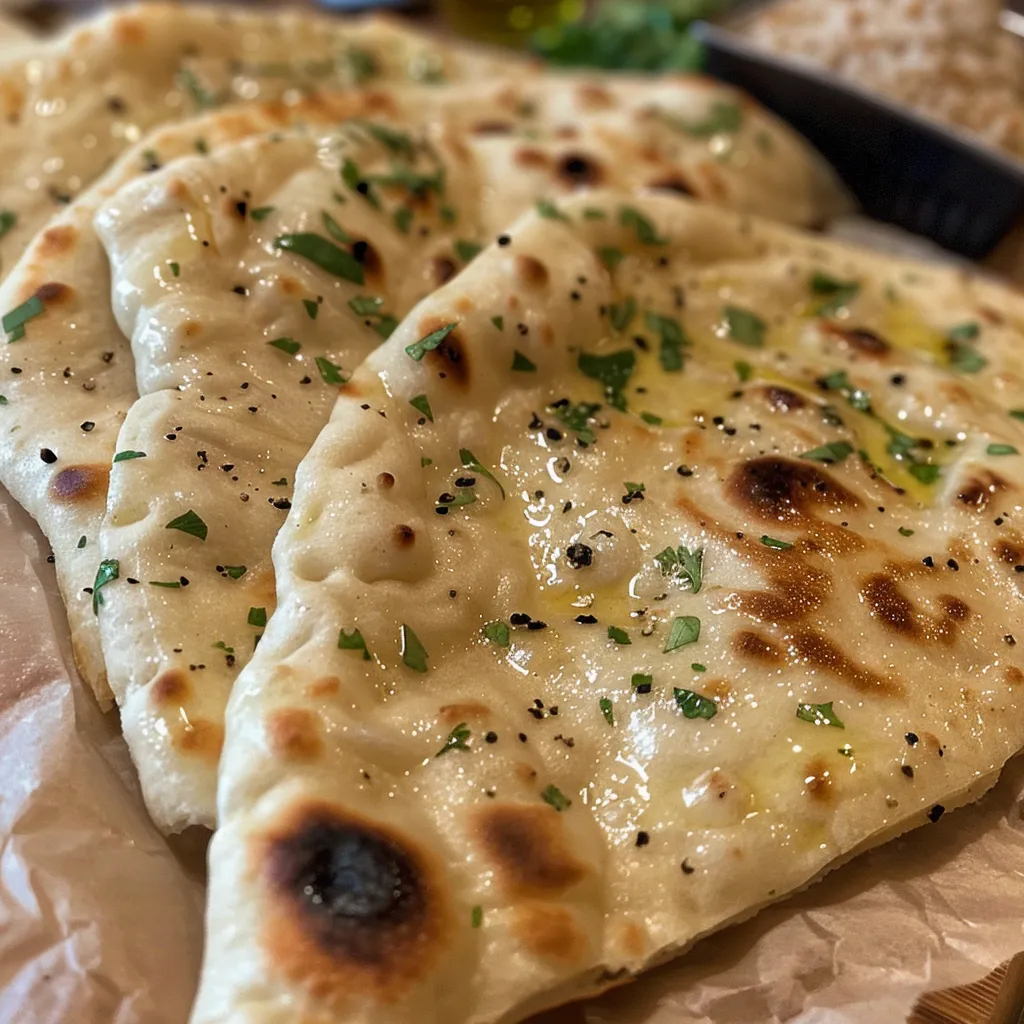 Close-up of a soft homemade flatbread with a golden-brown crust, showcasing its fluffy texture.