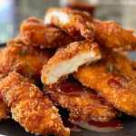 Side view of crispy chicken tenders coated in honey barbecue sauce.