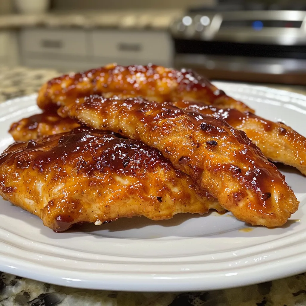 Plate of delicious Honey BBQ Chicken Strips with a glossy finish.