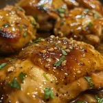 Close-up of juicy honey garlic chicken garnished with herbs.