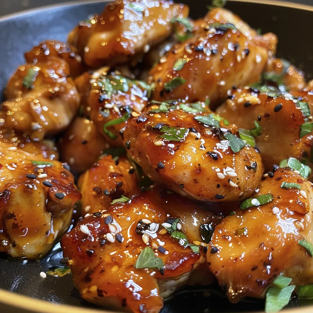 Side view of tender honey garlic chicken with a glaze sauce.