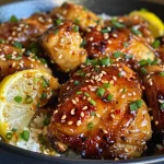 Juicy Honey Lemon Garlic Chicken thighs garnished with sesame seeds and chives.