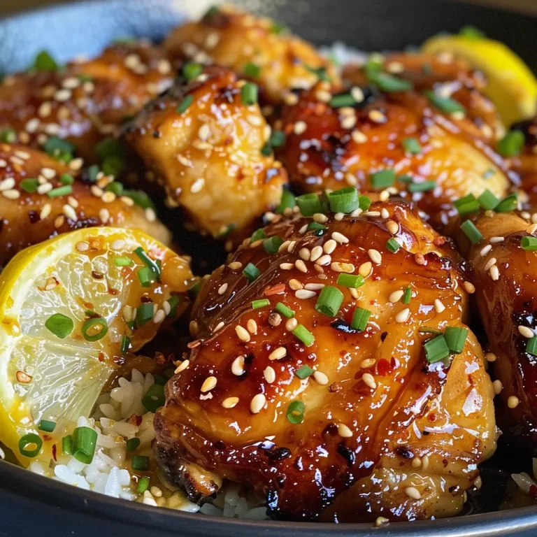 Juicy Honey Lemon Garlic Chicken thighs garnished with sesame seeds and chives.
