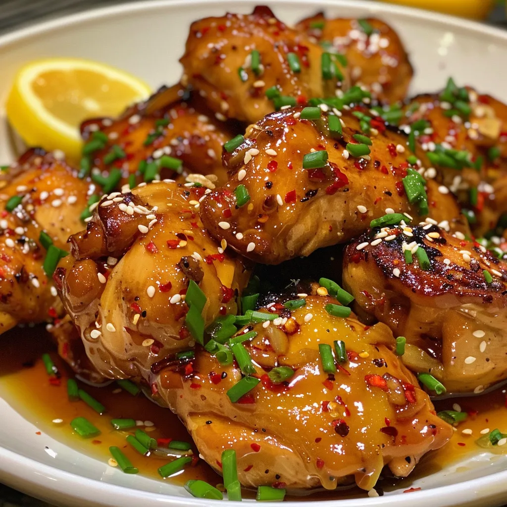 Close-up view of glazed Honey Lemon Garlic Chicken, with a golden crust and minced garlic visible.