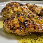 Close-up of honey mustard grilled chicken with a golden glaze.