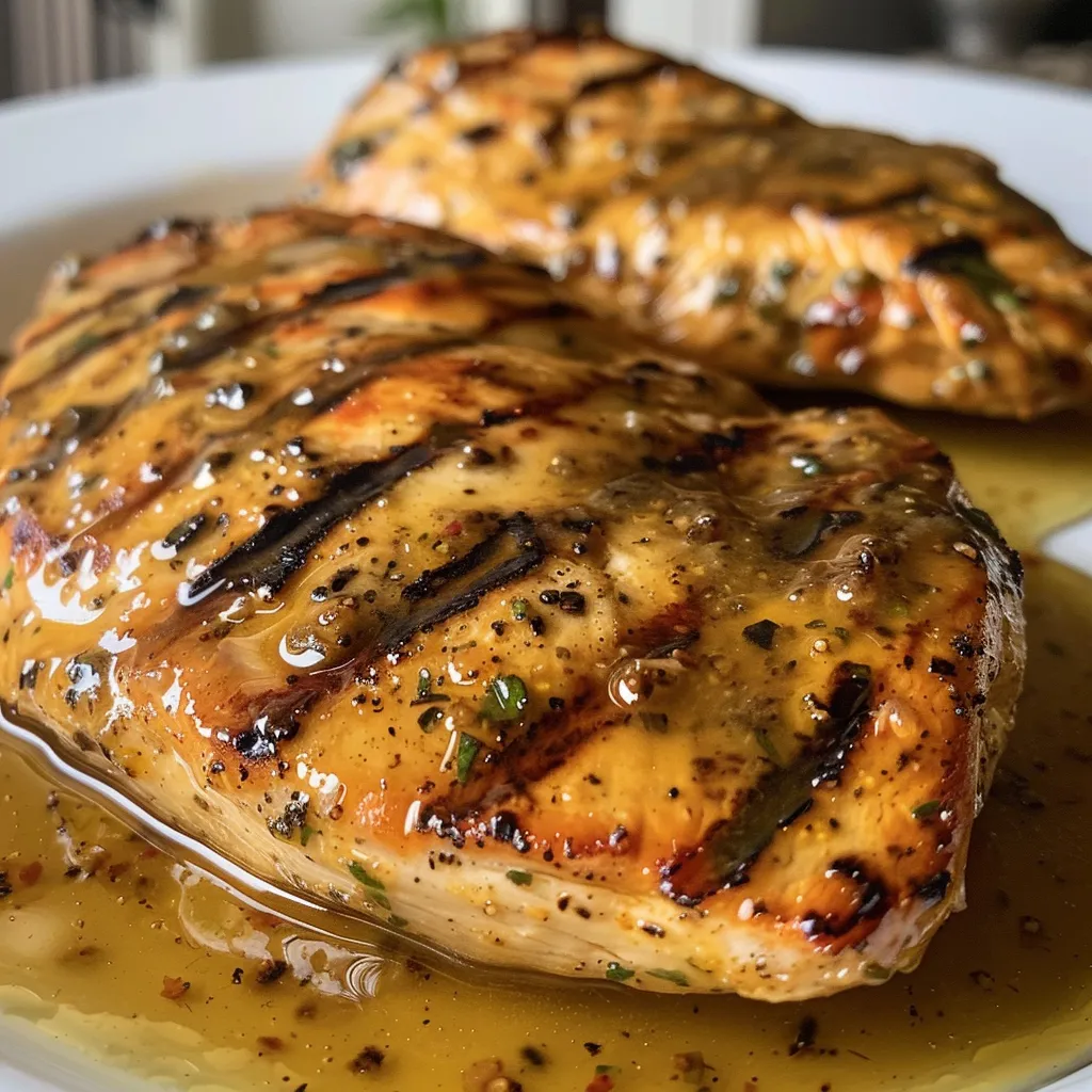 Juicy grilled chicken breast coated in honey mustard sauce.