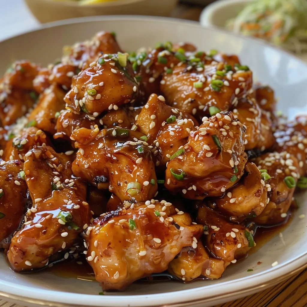 Detailed close-up of cooked chicken breast cubes coated in a sticky, spicy sauce.