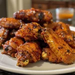 Detailed shot of golden, crispy chicken wings topped with herbs.