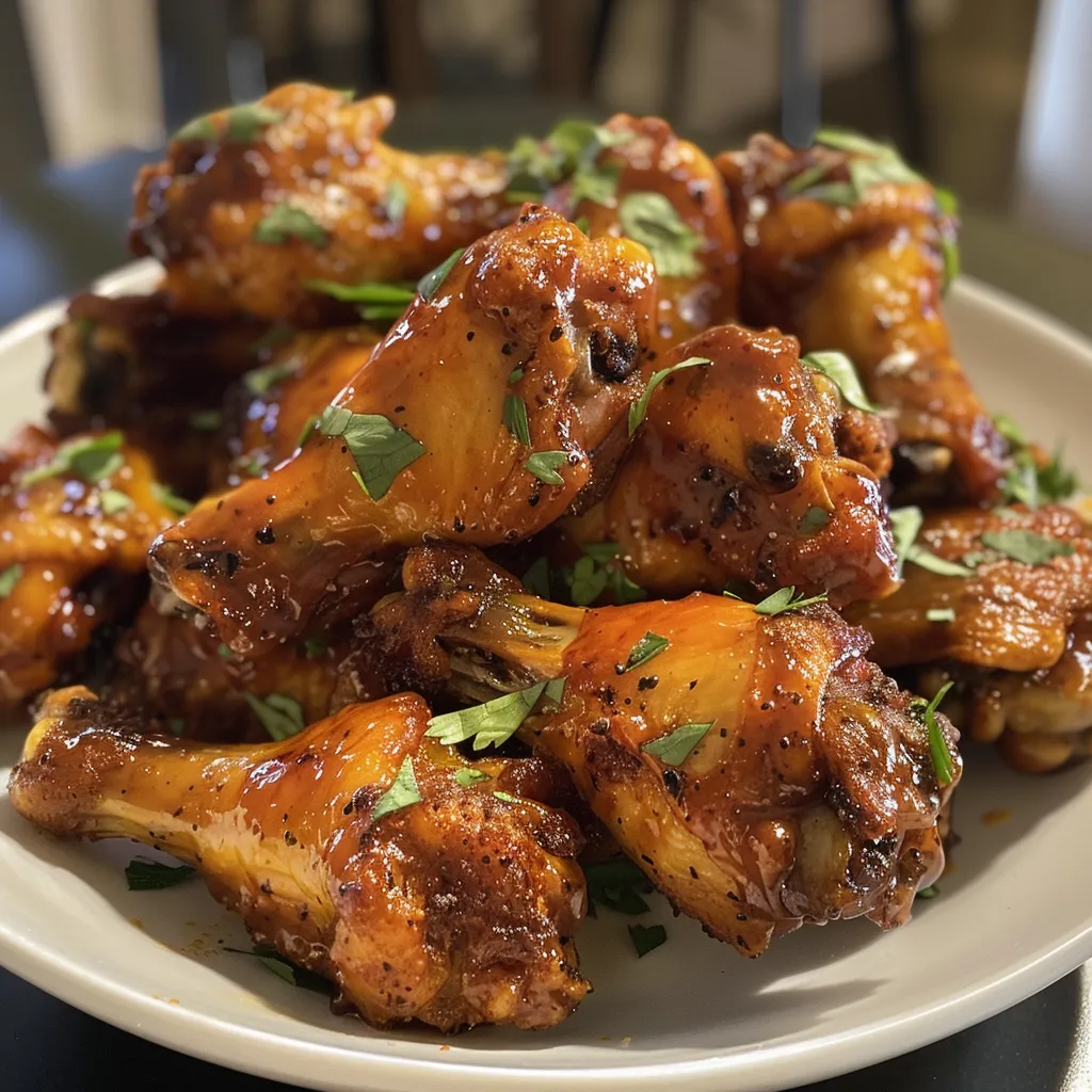 Deliciously glazed chicken wings with a hot honey sauce, highlighting their appetizing shine.
