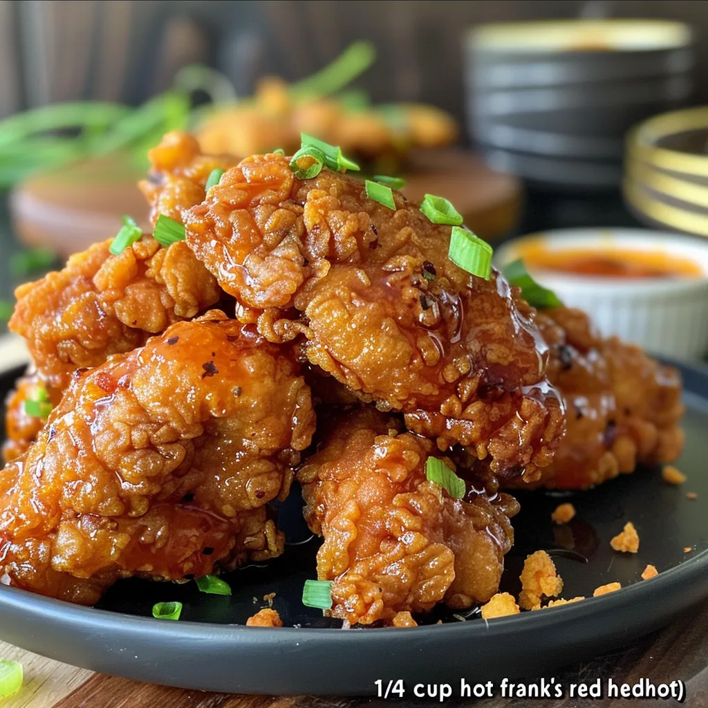 Detail shot of Hot Honey Chicken, with visible spices and a drizzle of hot honey.