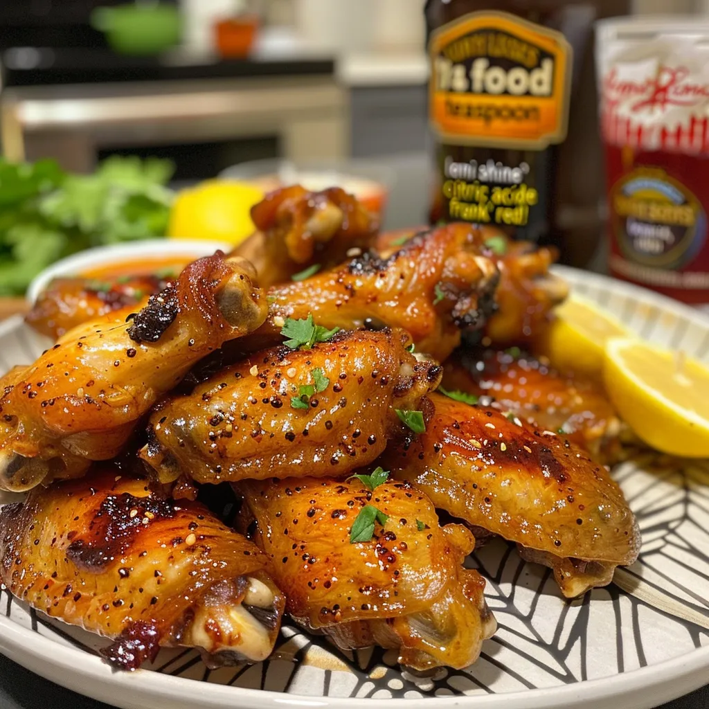 Appetizing Hot Honey Lemon Pepper Wings highlighted against a dark background.