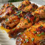 Close-up of succulent chicken wings featuring a glaze made from Florida orange juice and honey.