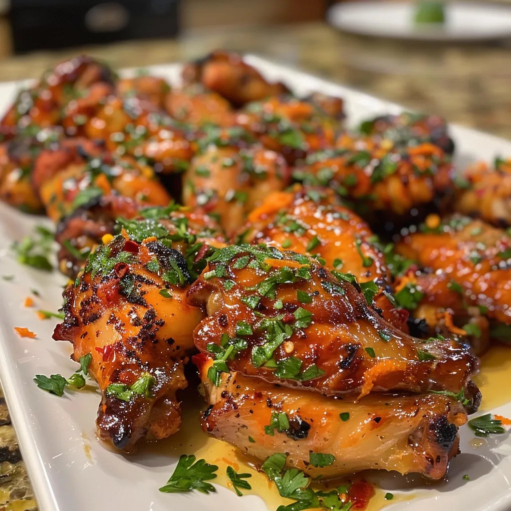 Deliciously sticky chicken wings with vibrant orange hues and a sprinkling of fresh parsley.