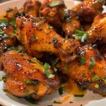 Succulent chicken wings glistening with a sweet and spicy peach sauce.