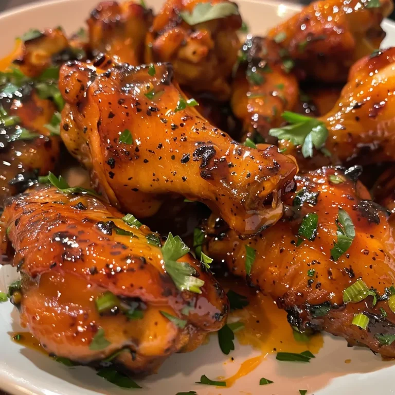 Succulent chicken wings glistening with a sweet and spicy peach sauce.