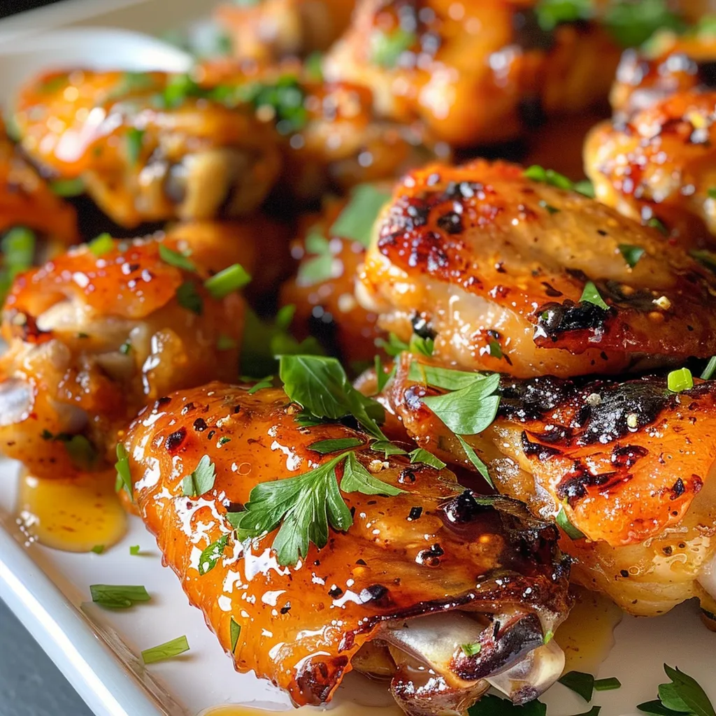 Side view of flavorful chicken wings topped with hot honey and peach preserves.
