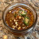 A small dish containing hot honey, garnished with red pepper flakes and apple cider vinegar.