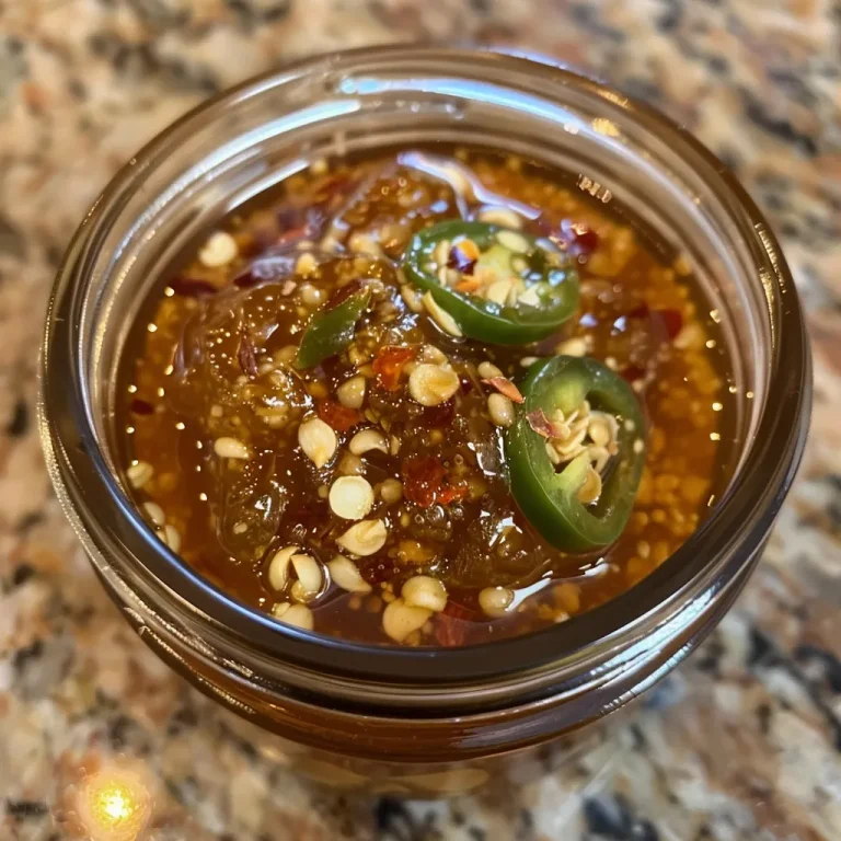 A small dish containing hot honey, garnished with red pepper flakes and apple cider vinegar.